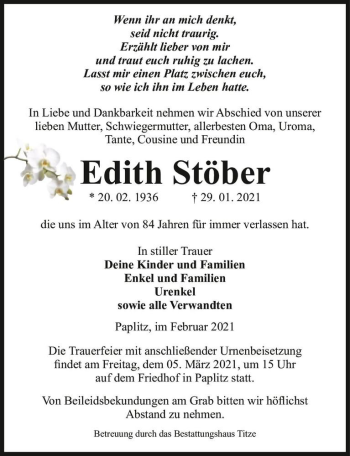 Traueranzeige von Edith Stöber  von Magdeburger Volksstimme