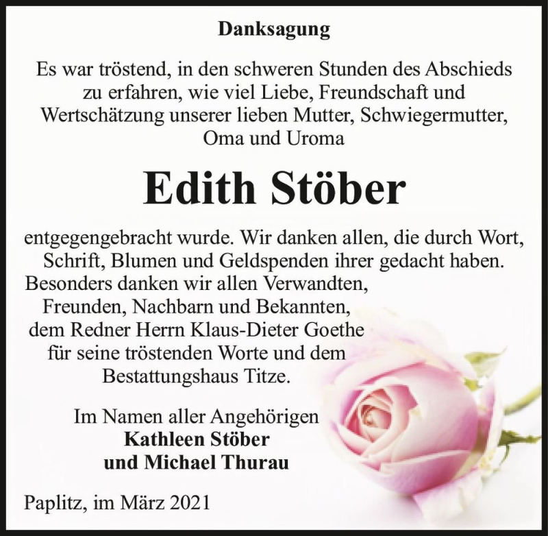  Traueranzeige für Edith Stöber  vom 27.03.2021 aus Magdeburger Volksstimme