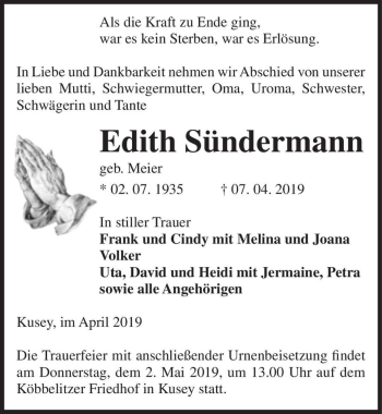 Traueranzeige von Edith Sündermann (geb. Meier)  von Magdeburger Volksstimme