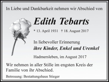 Traueranzeige von Edith Tebarts  von Magdeburger Volksstimme