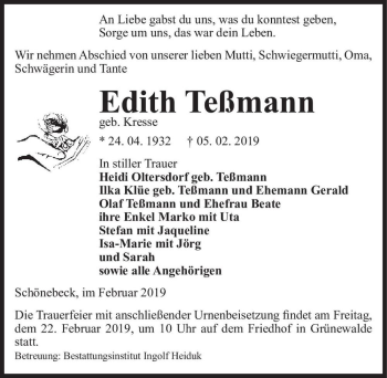 Traueranzeige von Edith Teßmann (geb. Kresse)  von Magdeburger Volksstimme