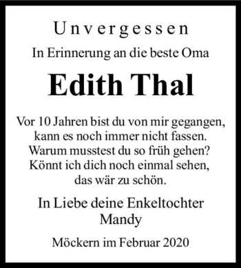 Traueranzeige von Edith Thal  von Magdeburger Volksstimme