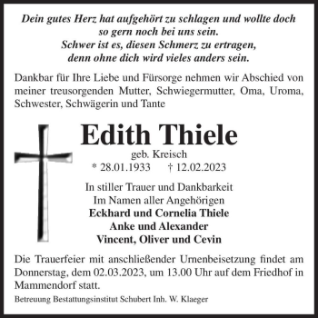 Traueranzeige von Edith Thiele (geb. Kreisch)  von Magdeburger Volksstimme