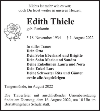 Traueranzeige von Edith Thiele (geb. Pankonin)  von Magdeburger Volksstimme