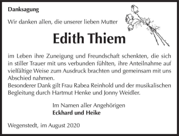 Traueranzeige von Edith Thiem  von Magdeburger Volksstimme