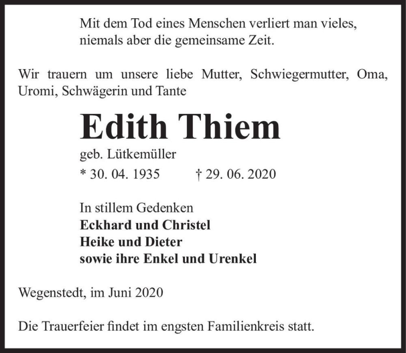  Traueranzeige für Edith Thiem (geb. Lütkemüller)  vom 04.07.2020 aus Magdeburger Volksstimme