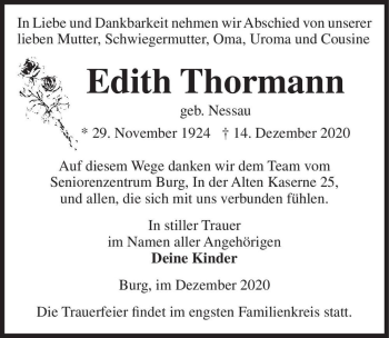 Traueranzeige von Edith Thormann (geb. Nessau)  von Magdeburger Volksstimme