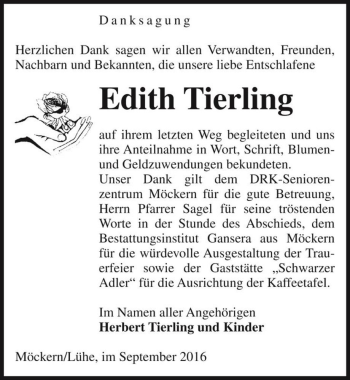 Traueranzeige von Edith Tierling  von Magdeburger Volksstimme