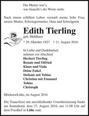 Traueranzeige von Edith Tierling (geb. Mehlhase)  von Magdeburger Volksstimme