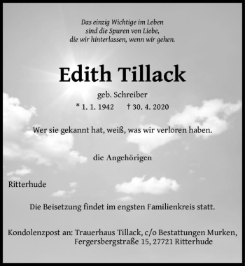 Traueranzeige von Edith Tillack (geb. Schreiber)  von Magdeburger Volksstimme