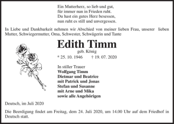 Traueranzeige von Edith Timm (geb. König)  von Magdeburger Volksstimme