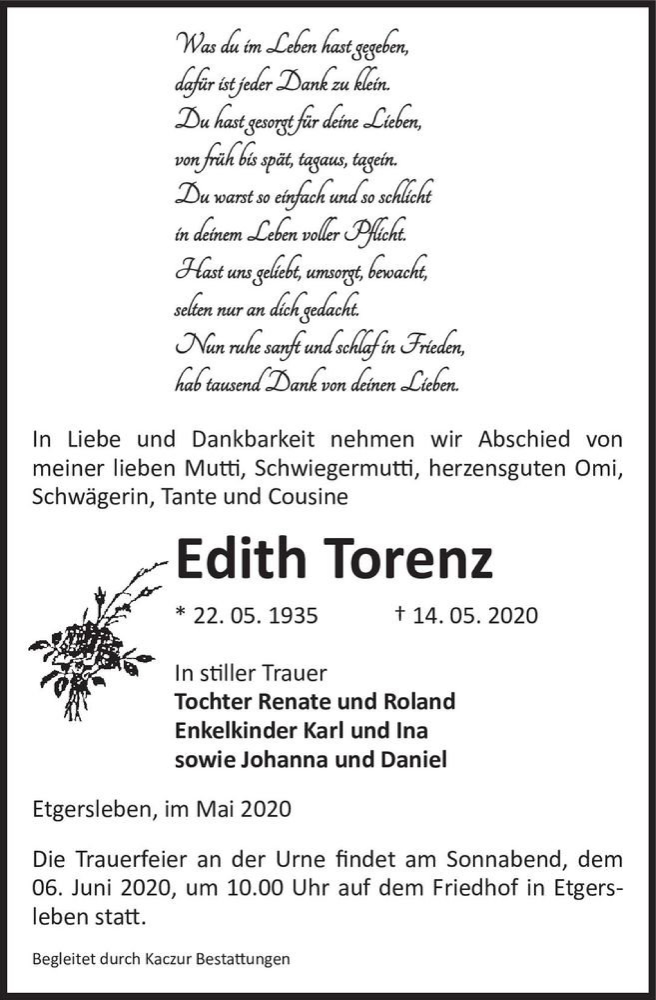  Traueranzeige für Edith Torenz  vom 23.05.2020 aus Magdeburger Volksstimme