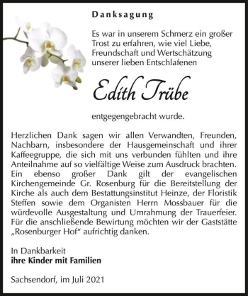 Traueranzeige von Edith Trübe  von Magdeburger Volksstimme