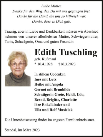 Traueranzeige von Edith Tuschling (geb. Kußmaul)  von Magdeburger Volksstimme