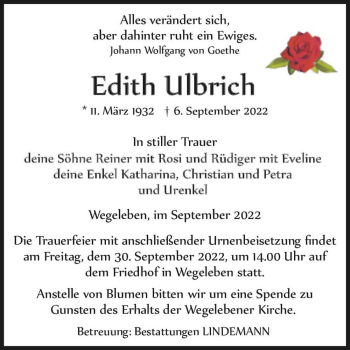 Traueranzeige von Edith Ulbrich  von Magdeburger Volksstimme
