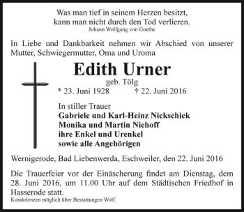 Traueranzeige von Edith Urner (geb. Tölg)  von Magdeburger Volksstimme
