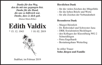 Traueranzeige von Edith Valdix  von Magdeburger Volksstimme