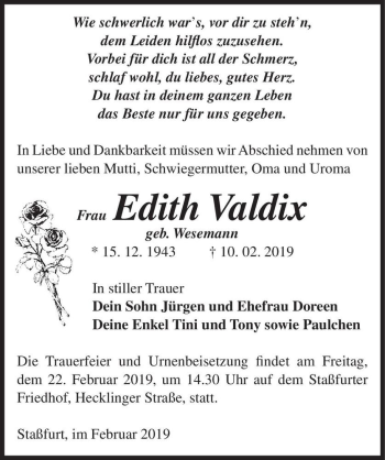 Traueranzeige von Edith Valdix (geb. Wesemann)  von Magdeburger Volksstimme