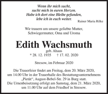 Traueranzeige von Edith Wachsmuth (geb. Ahaus)  von Magdeburger Volksstimme