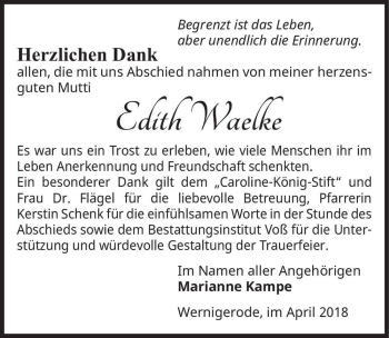 Traueranzeige von Edith Waelke  von Magdeburger Volksstimme