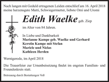 Traueranzeige von Edith Waelke (geb. Ziep)  von Magdeburger Volksstimme