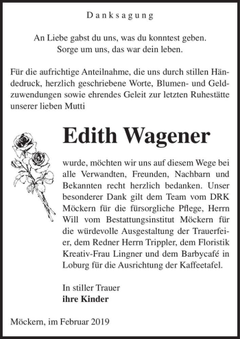 Traueranzeige von Edith Wagener  von Magdeburger Volksstimme