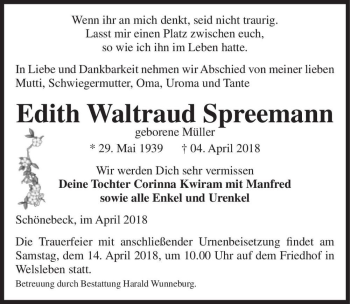 Traueranzeige von Edith Waltraud Spreemann (geb. Müller)  von Magdeburger Volksstimme