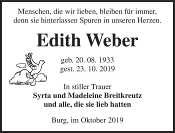 Traueranzeige von Edith Weber  von Magdeburger Volksstimme