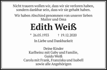 Traueranzeige von Edith Weiß  von Magdeburger Volksstimme