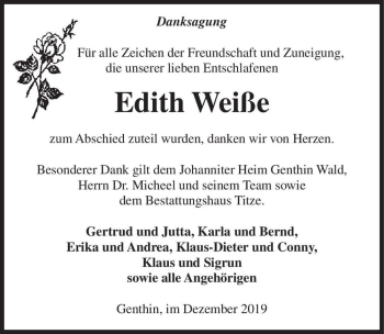 Traueranzeige von Edith Weiße  von Magdeburger Volksstimme
