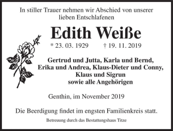 Traueranzeige von Edith Weiße  von Magdeburger Volksstimme