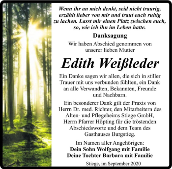 Traueranzeige von Edith Weißleder  von Magdeburger Volksstimme