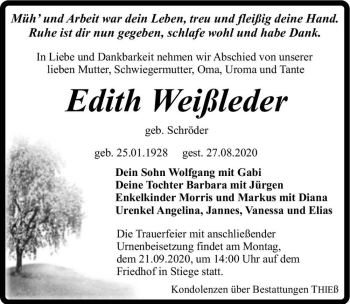 Traueranzeige von Edith Weißleder (geb. Schröder)  von Magdeburger Volksstimme