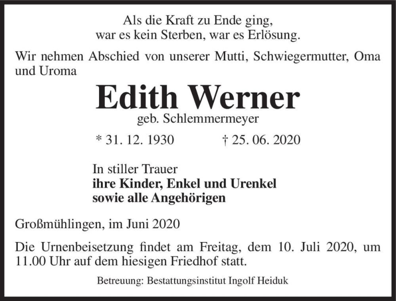  Traueranzeige für Edith Werner (geb. Schlemmermeyer)  vom 27.06.2020 aus Magdeburger Volksstimme