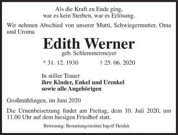 Traueranzeige von Edith Werner (geb. Schlemmermeyer)  von Magdeburger Volksstimme