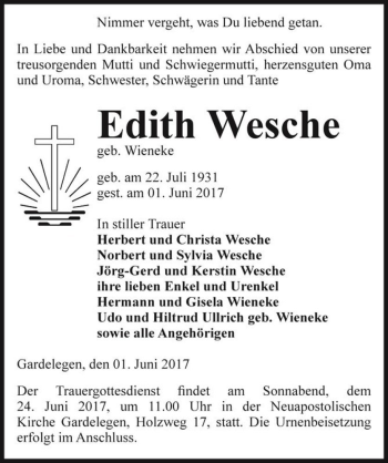 Traueranzeige von Edith Wesche (geb. Wieneke)  von Magdeburger Volksstimme