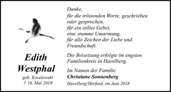Traueranzeige von Edith Westphal (geb. Koselowski)  von Magdeburger Volksstimme