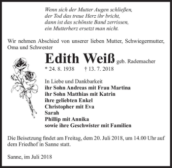 Traueranzeige von Edith Weíß (geb. Rademacher)  von Magdeburger Volksstimme