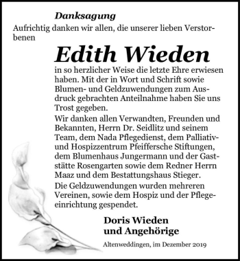 Traueranzeige von Edith Wieden  von Magdeburger Volksstimme