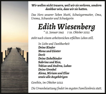 Traueranzeige von Edith Wiesenberg  von Magdeburger Volksstimme