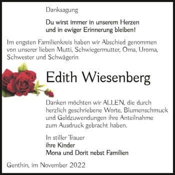 Traueranzeige von Edith Wiesenberg  von Magdeburger Volksstimme
