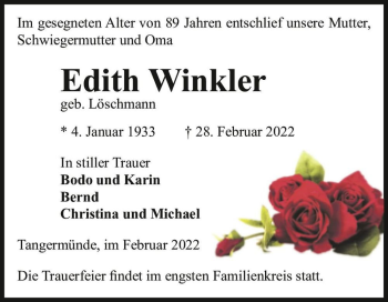 Traueranzeige von Edith Winkler (geb. Löschmann)  von Magdeburger Volksstimme