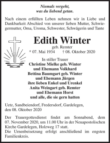 Traueranzeige von Edith Winter (geb. Remter)  von Magdeburger Volksstimme