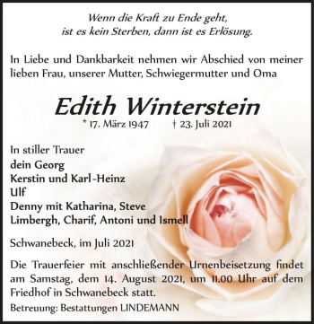 Traueranzeige von Edith Winterstein  von Magdeburger Volksstimme