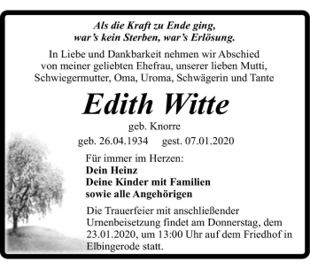 Traueranzeige von Edith Witte (geb. Knorre)  von Magdeburger Volksstimme