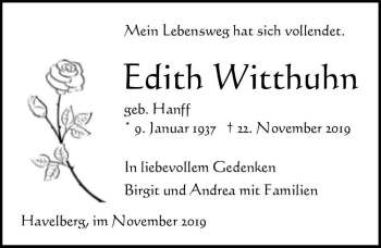 Traueranzeige von Edith Witthuhn (geb. Hanff)  von Magdeburger Volksstimme