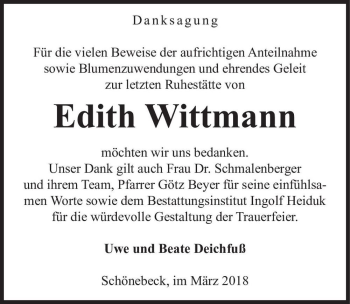 Traueranzeige von Edith Wittmann  von Magdeburger Volksstimme