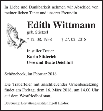 Traueranzeige von Edith Wittmann (geb. Stietzel)  von Magdeburger Volksstimme