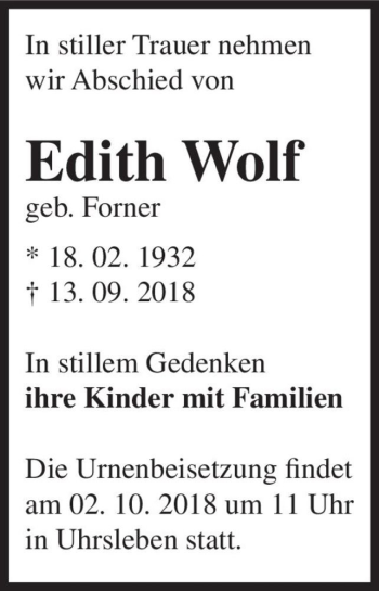 Traueranzeige von Edith Wolf (geb. Forner)  von Magdeburger Volksstimme
