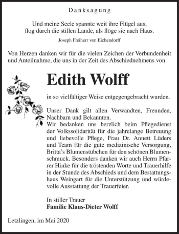 Traueranzeige von Edith Wolff  von Magdeburger Volksstimme